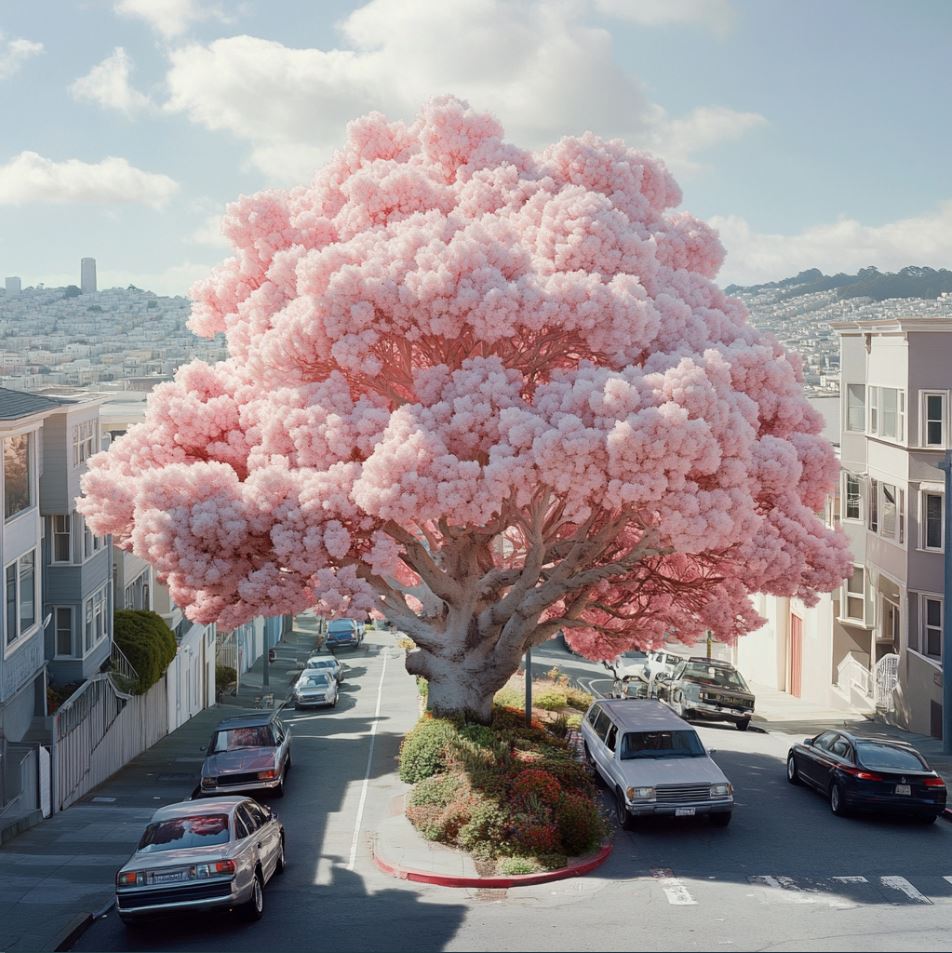 Blooming pink tree in an urban neighborhood