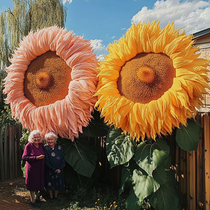 Elderly women standing next to giant pink and yellow Teddy Bear Sunflowers