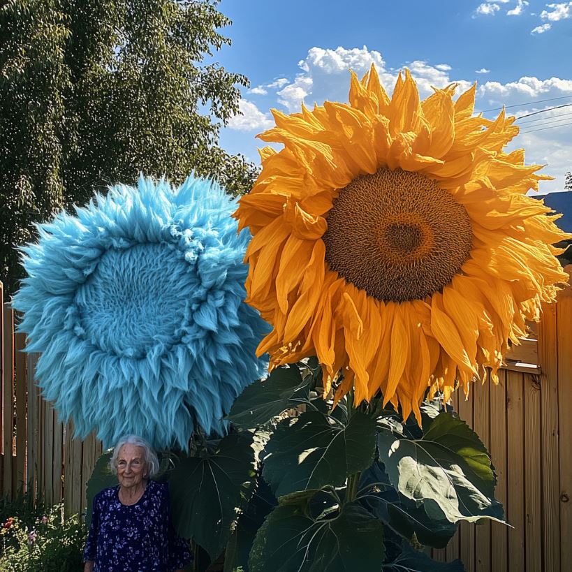 Giant Teddy Bear Sunflower and Blue Sunflower in a Garden