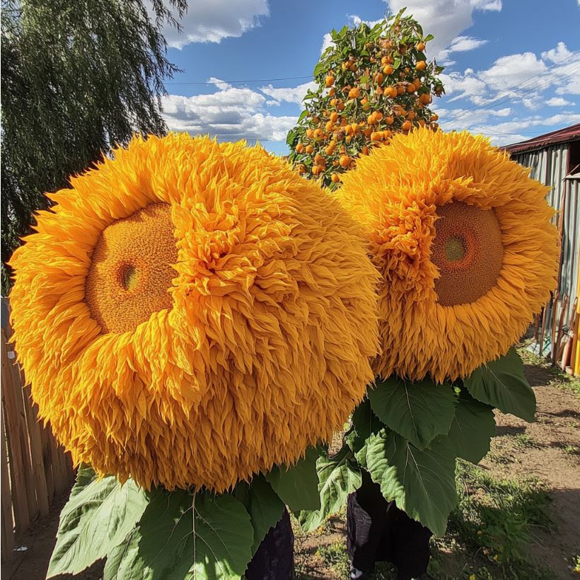 Two Giant Teddy Bear Sunflowers in a Sunny Garden