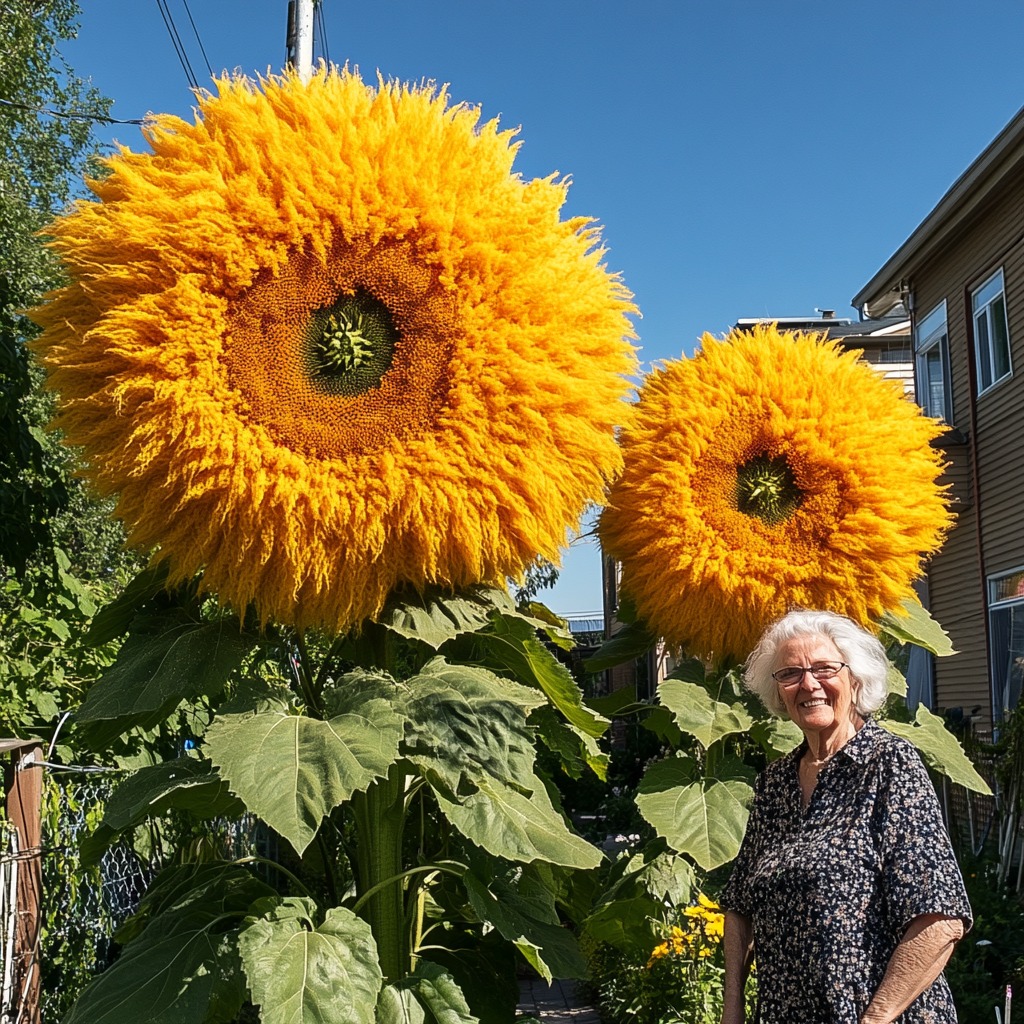 Elderly woman standing next to giant Teddy Bear Sunflowers blooming in a sunny garden.