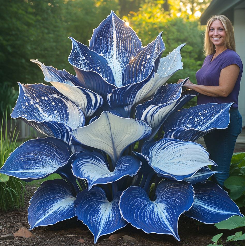 Giant Variegated Blue and White Hostas with large leaves and a person for scale