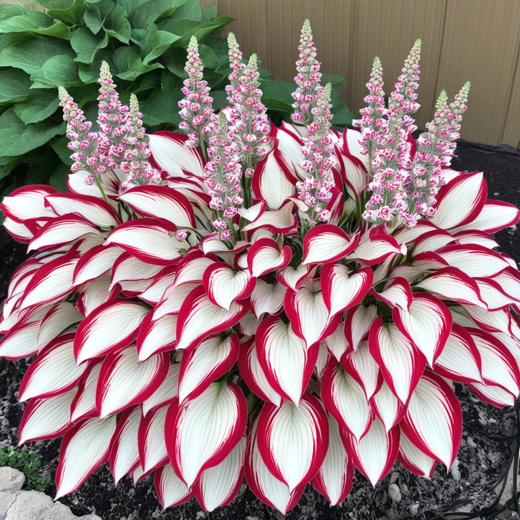 Giant Variegated Red and White Hostas with pink flower spikes