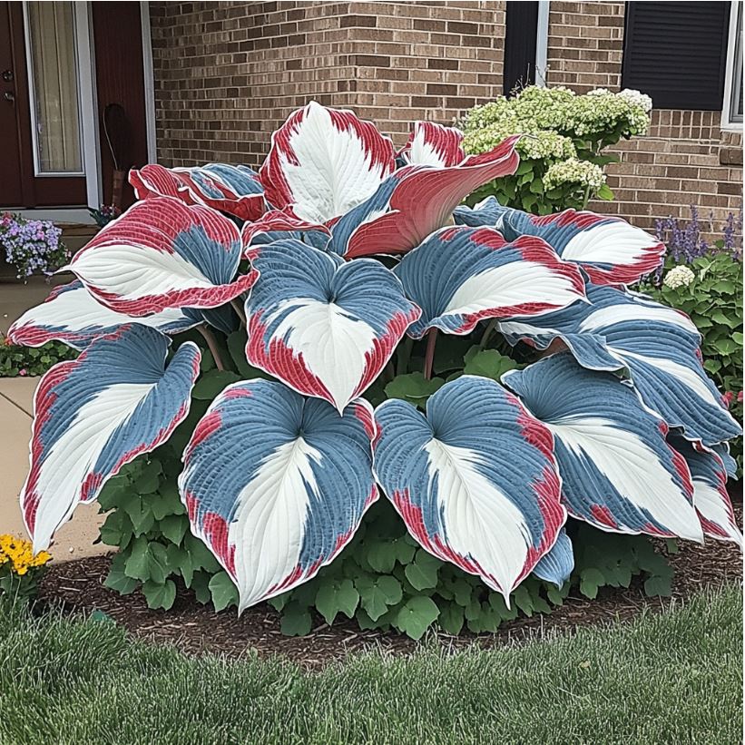 Giant Variegated Red and White Hostas with pink flower spikes and a person for scale