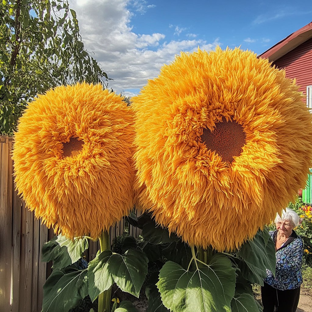 Close-up of two enormous yellow Giant Teddy Bear Sunflowers with fluffy petals, next to an elderly woman in a garden setting