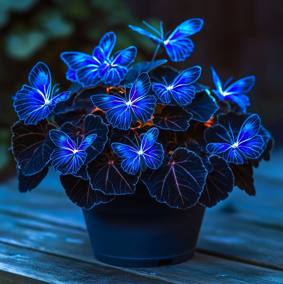 Begonia Moonlight Butterfly plant with glowing blue neon leaves shaped like butterflies in a pot on a wooden surface at night.