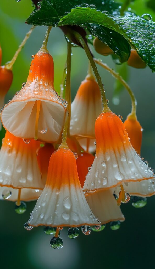 Close-up of Japanese Lantern Flowers with orange and white bell-shaped petals and dewdrops