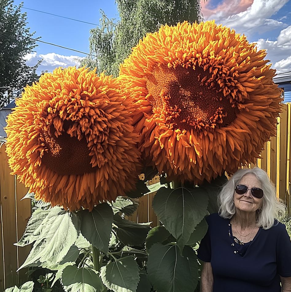 Close-up of two large orange Giant Teddy Bear Sunflowers with fluffy petals in a garden, next to an elderly woman wearing sunglasses