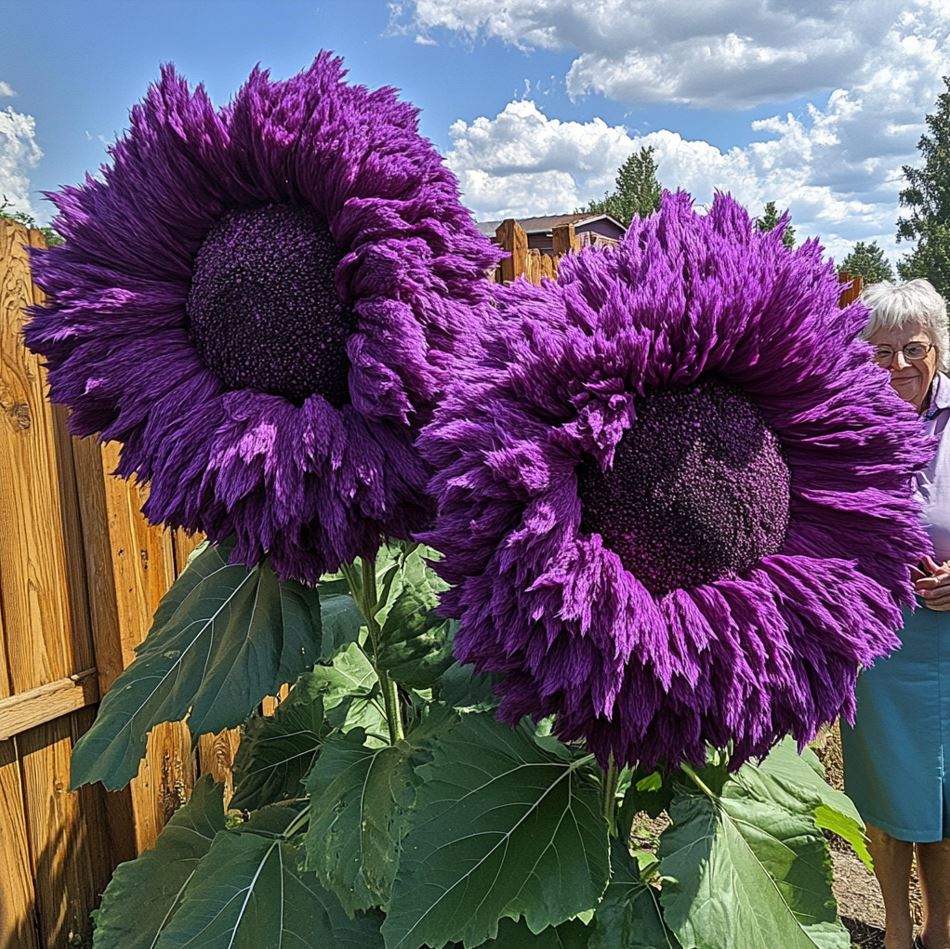 Close-up of two large purple Giant Teddy Bear Sunflowers with fluffy petals in a garden, with an elderly woman standing beside them