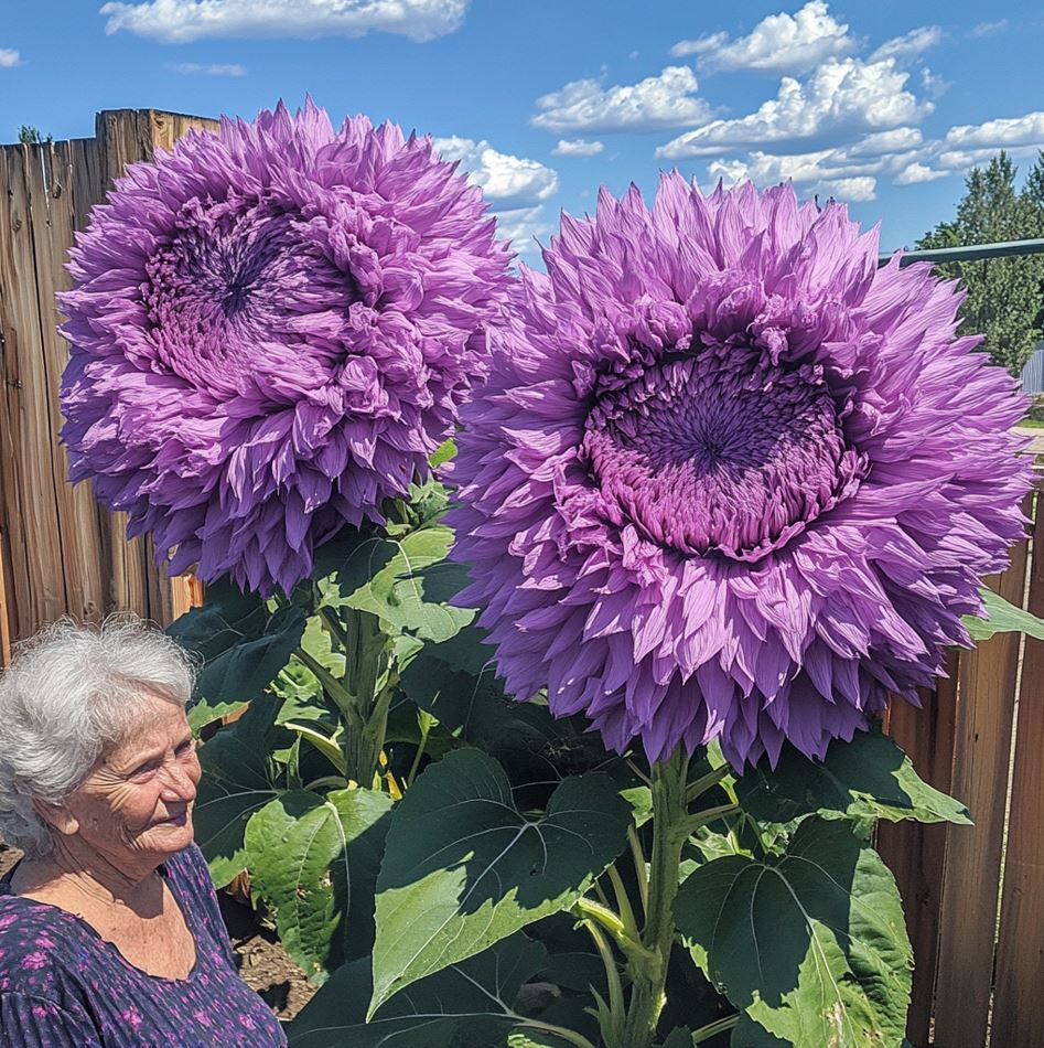 Close-up of two large purple Giant Teddy Bear Sunflowers with fluffy petals in a garden, with an elderly woman standing beside them