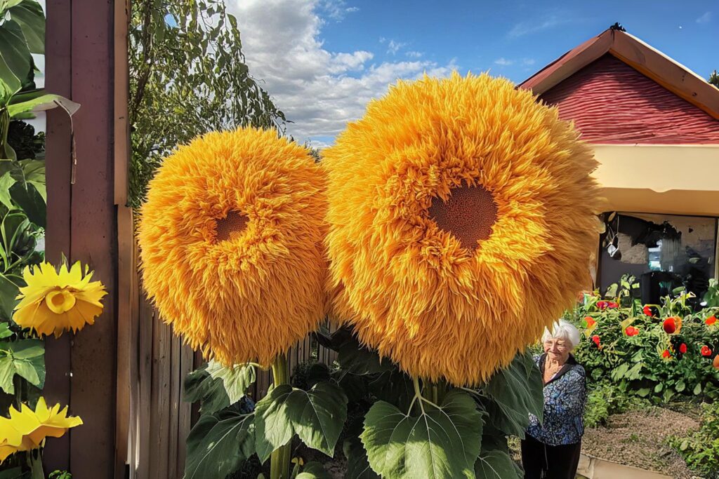 Close-up of two large yellow Giant Teddy Bear Sunflowers with fluffy petals in a garden, next to an elderly woman and a house in the background