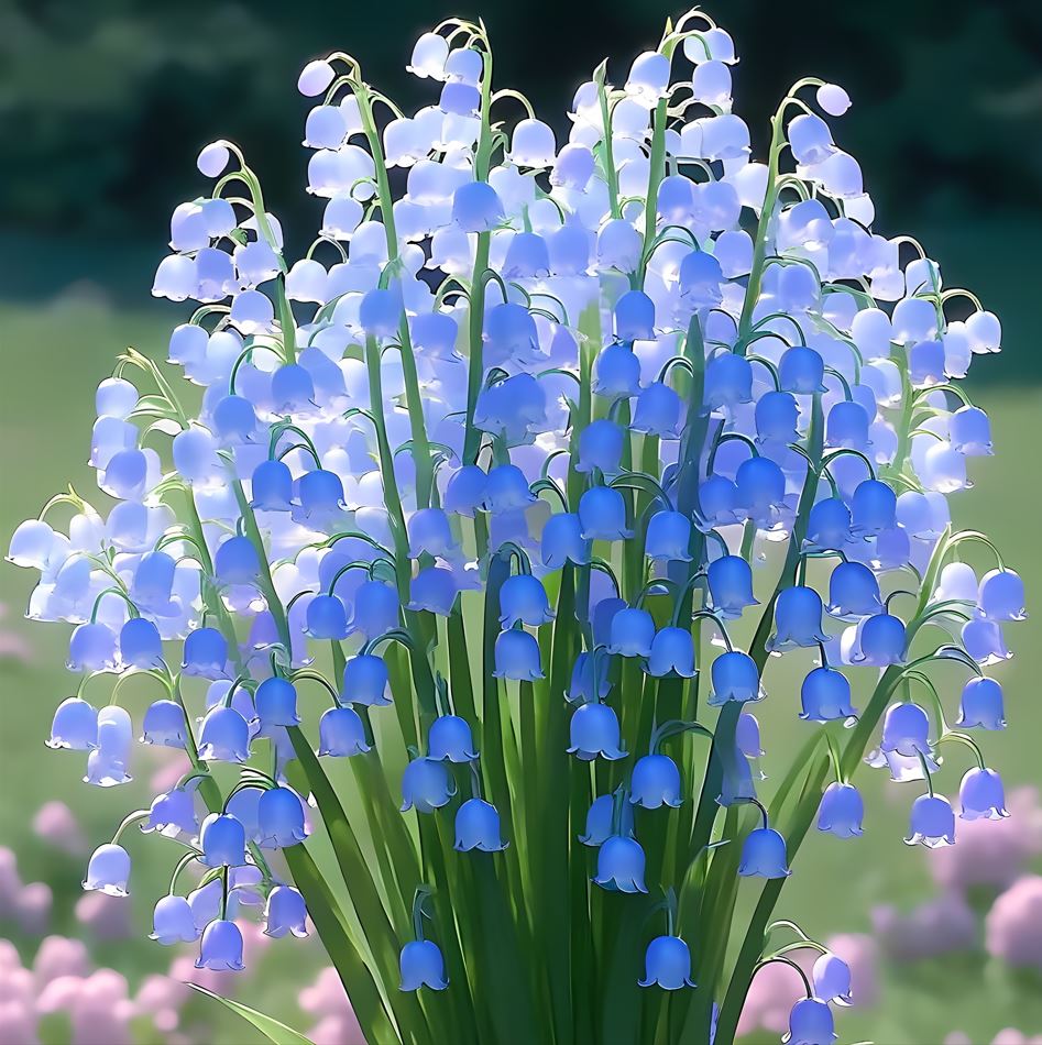 Lily of the Valley plant with vibrant blue bell-shaped flowers in a green garden