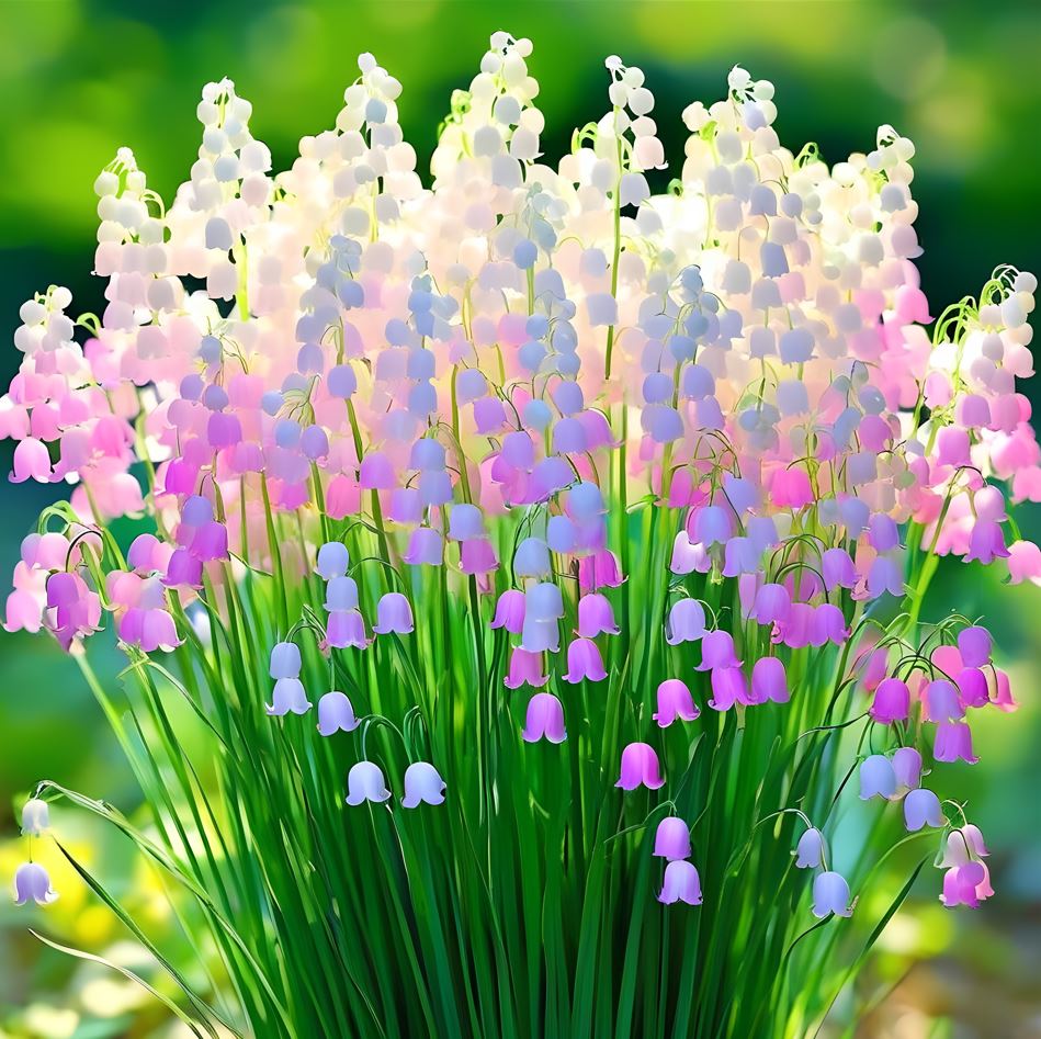 Lily of the Valley plant with cascading multicolored pink, white, and purple bell-shaped flowers in a lush green garden