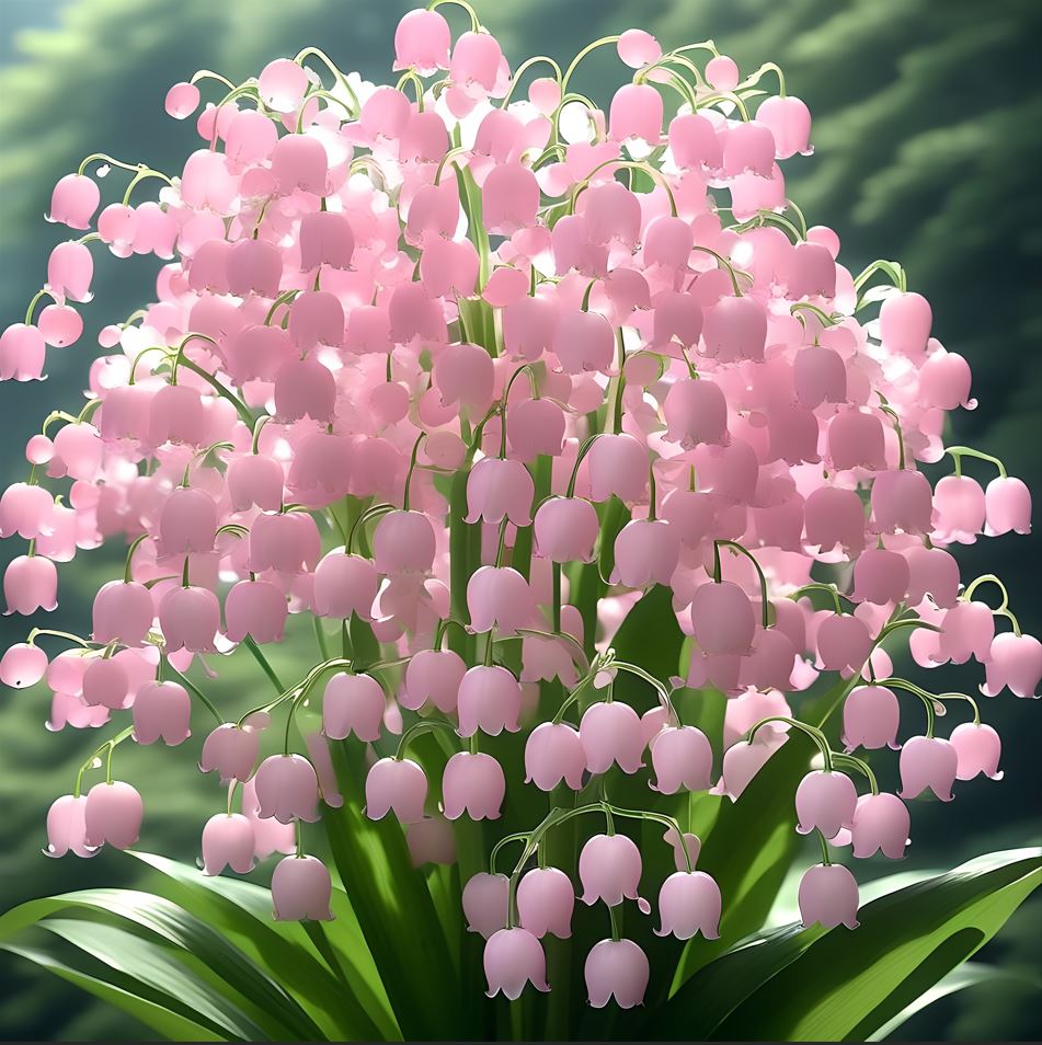 Lily of the Valley plant with a cascade of pink bell-shaped flowers in a green garden