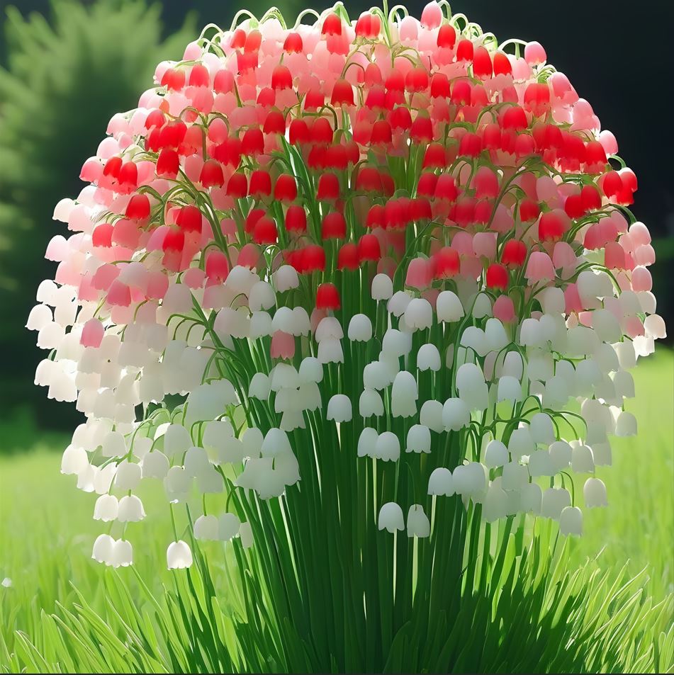 Lily of the Valley plant with red, pink, and white bell-shaped flowers in a lush green outdoor setting