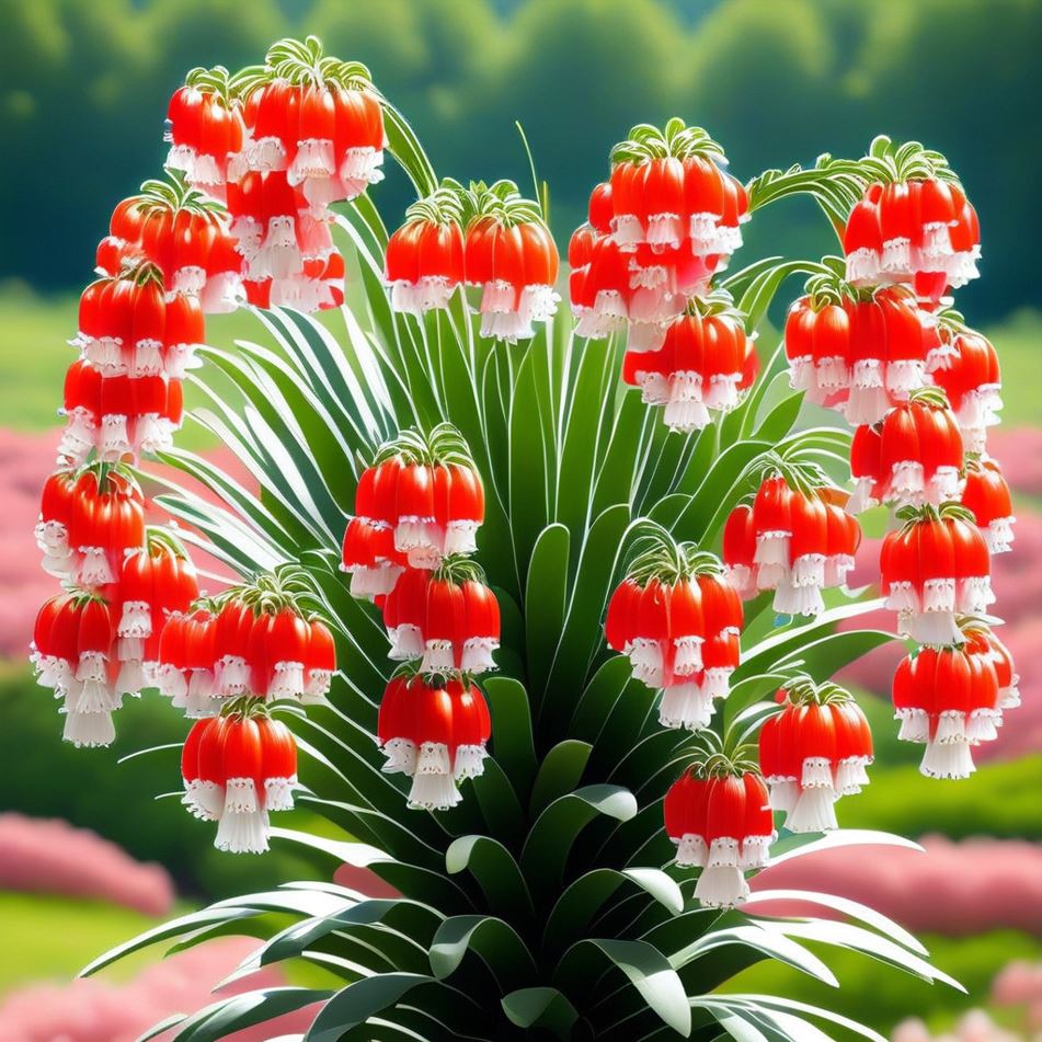 Lily of the Valley plant with vibrant red and white bell-shaped flowers in a scenic garden