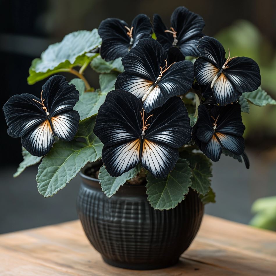 Black and white Moonlight Begonia with butterfly-shaped flowers in a dark ceramic pot.