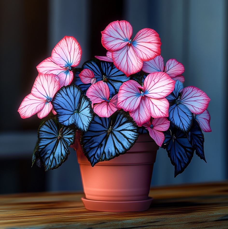 Pink and blue Moonlight Begonia with butterfly-shaped flowers in a terracotta pot.