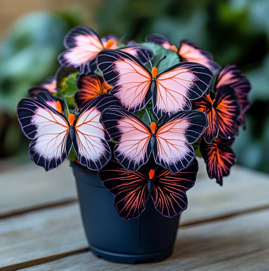 A vibrant Moonlight Butterfly Begonia plant in a black pot with butterfly-shaped orange and pink leaves.