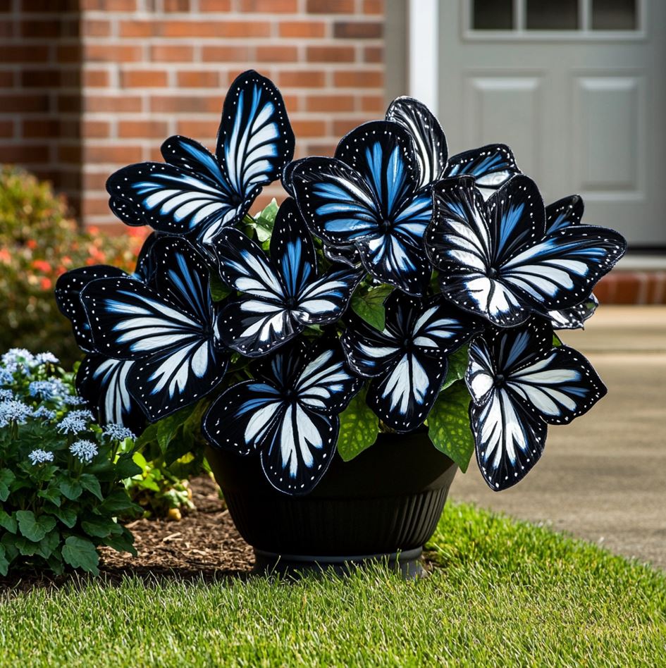 Moonlight Butterfly Begonia planted in the front yard with black, white, and blue butterfly-shaped leaves.