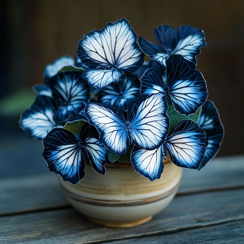 A Moonlight Butterfly Begonia plant in a ceramic pot with striking blue and white butterfly-shaped leaves.