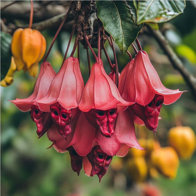 Red Bat-Faced Flowers Hanging from a Tree Branch in a Lush Greenery