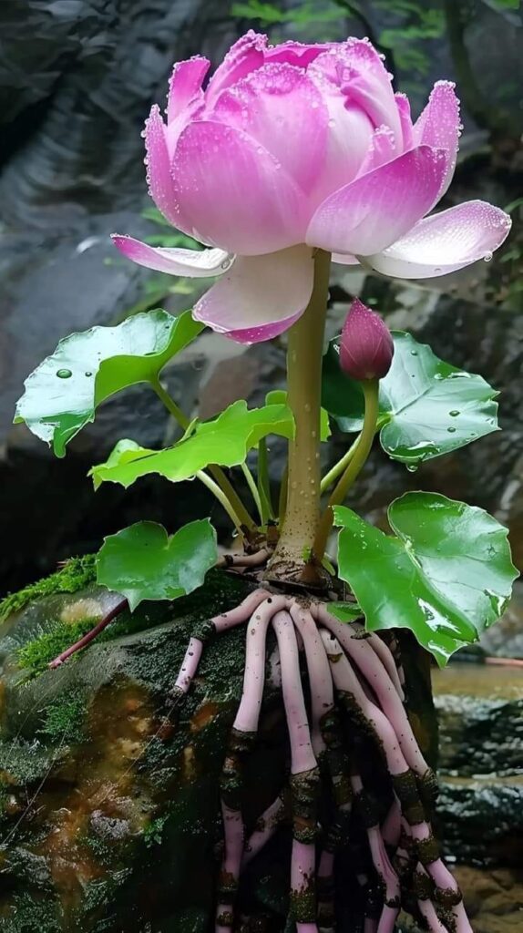 Mystical Rock Lotus with pink blossoms and elongated roots growing on a mossy rock