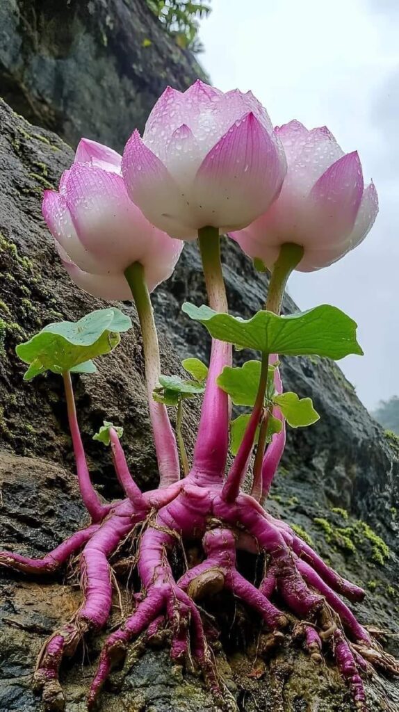 Mystical Rock Lotus with pink petals and vibrant roots growing on rocky cliff.