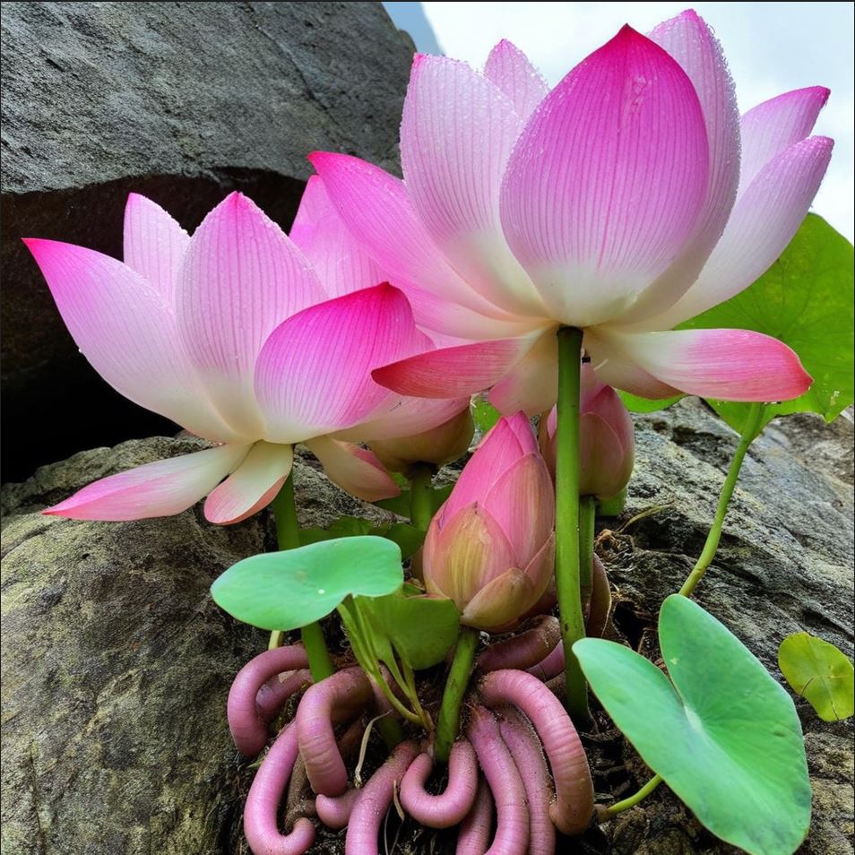 Mystical Rock Lotus with vibrant pink petals blooming on rocky surface and exposed roots.