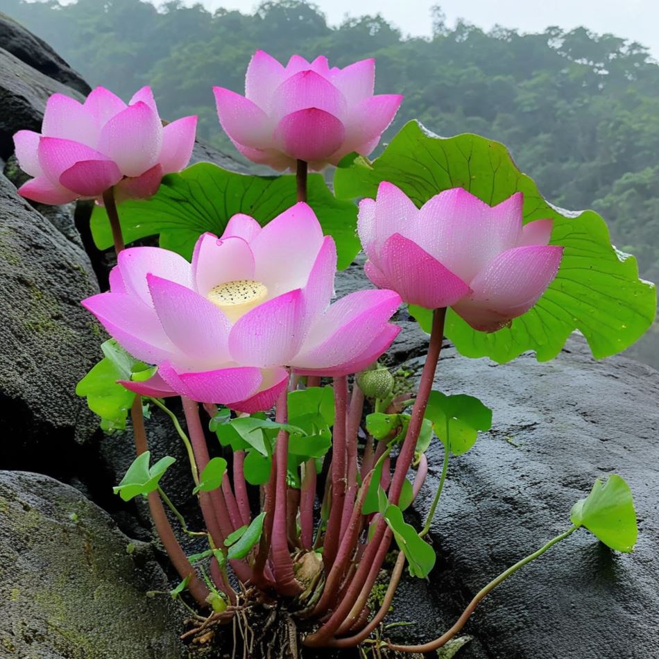 Mystical Rock Lotus with pink petals and green leaves growing on rocky terrain.