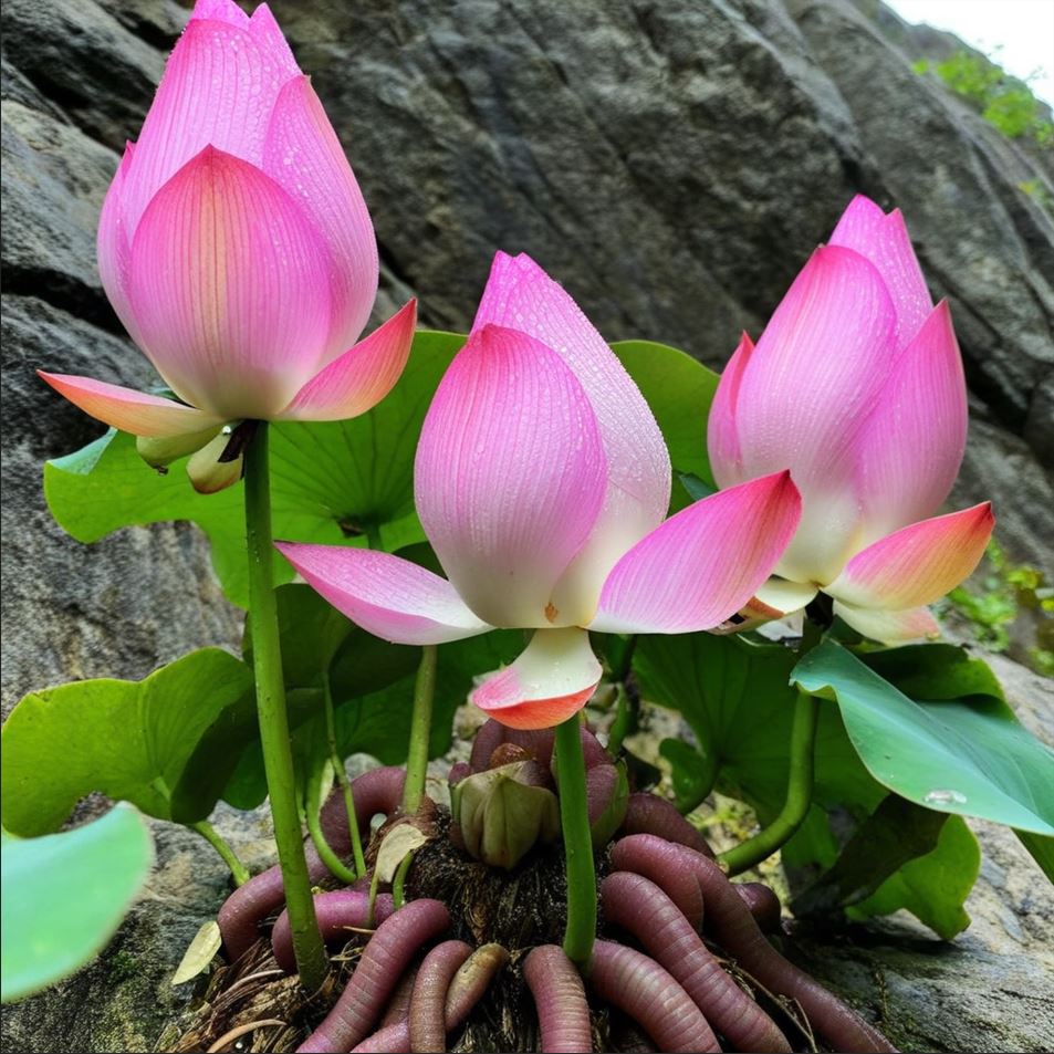 Mystical Rock Lotus with pink petals and unique root structure growing on rocks.