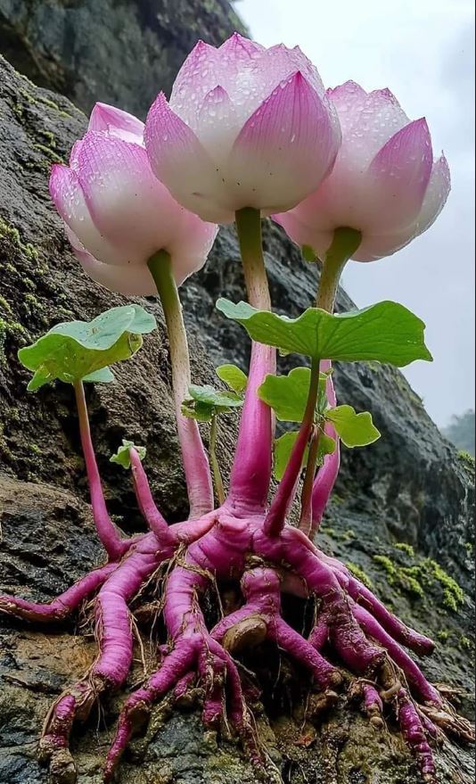 Mystical Rock Lotus with pink petals and exposed pink roots growing on rocky terrain.