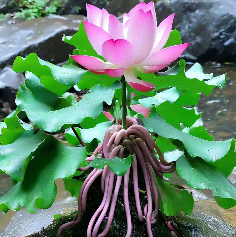 Mystical Rock Lotus with pink petals and curled green leaves growing in a rocky stream.