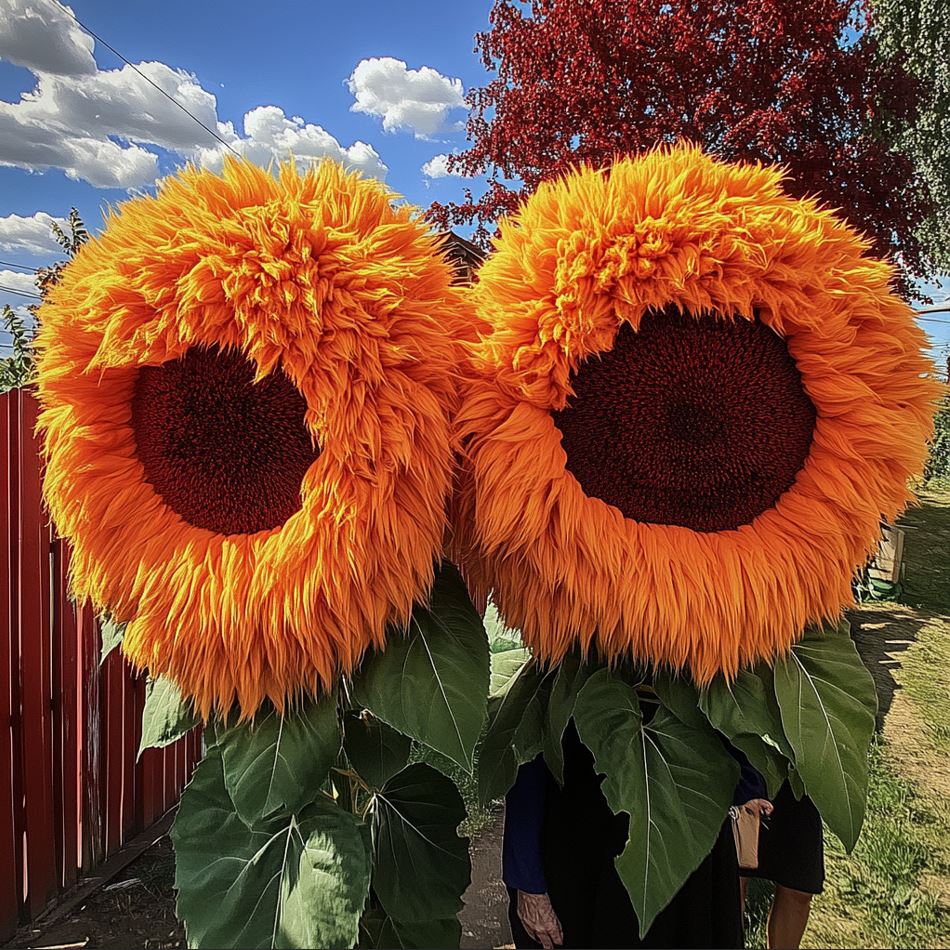 Close-up of two large orange Giant Teddy Bear Sunflowers with fluffy petals in a sunny garden with a bright sky