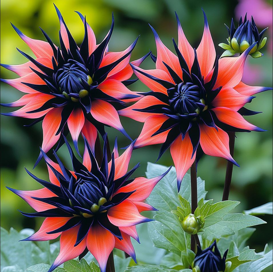 Striking orange and black Dahlia flowers in a garden