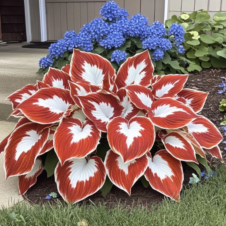 Orange and white Hosta plant with heart-shaped leaves in a garden near blue hydrangeas.