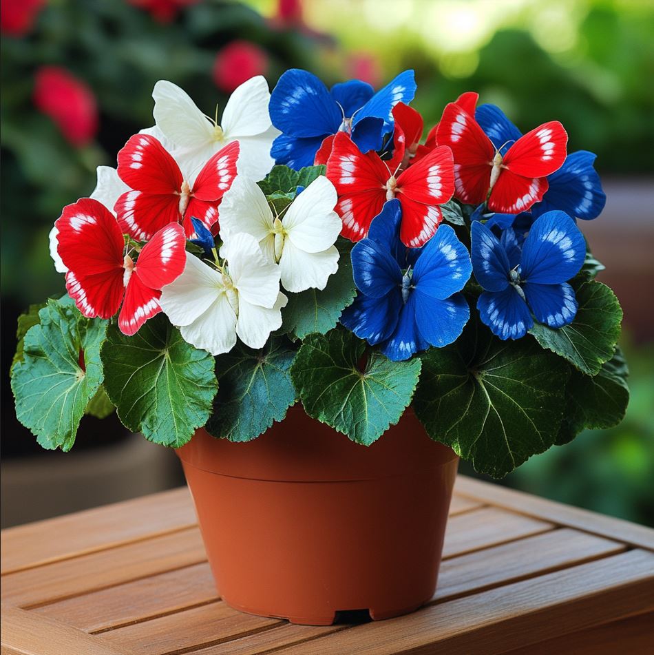 Begonia plant with vibrant red, white, and blue petals in a pot.