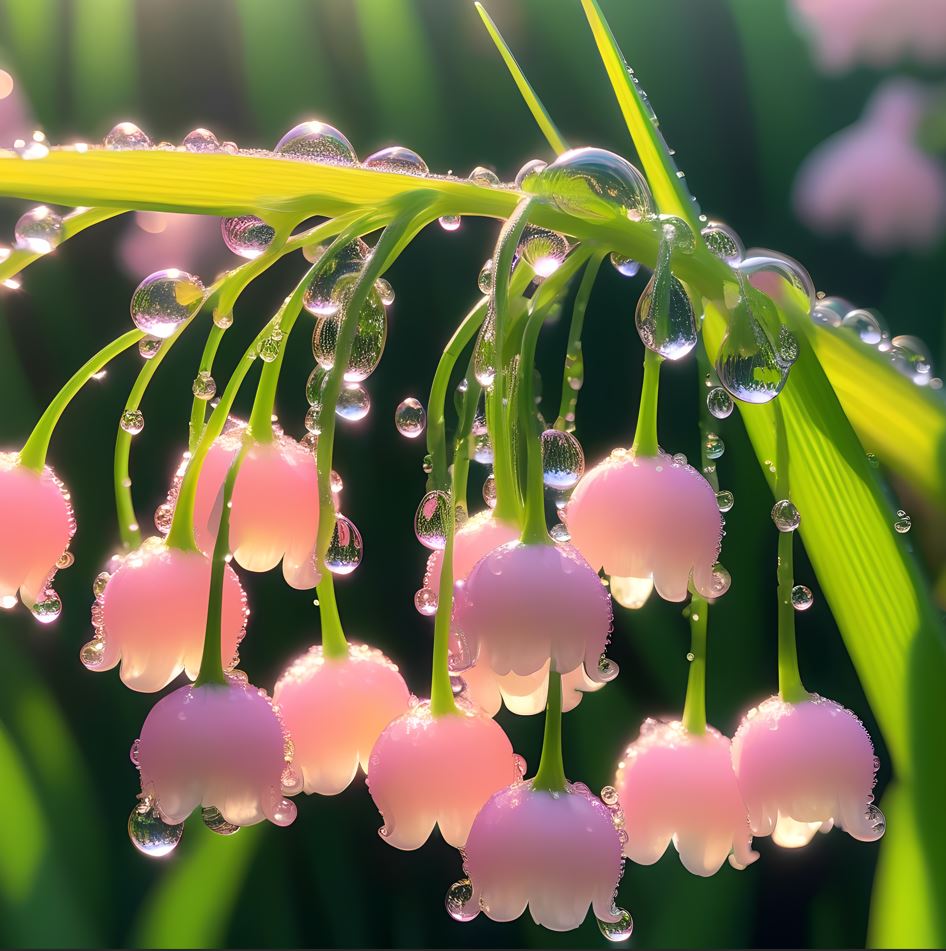 Lily of the Valley plant with pink bell-shaped flowers covered in dewdrops, glowing in the sunlight