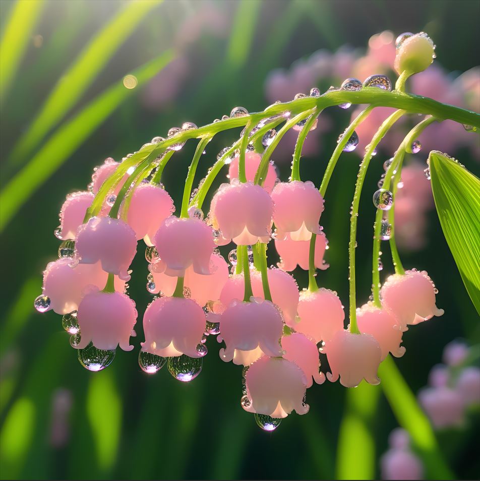 Lily of the Valley plant with pink bell-shaped flowers glistening with dewdrops in sunlight