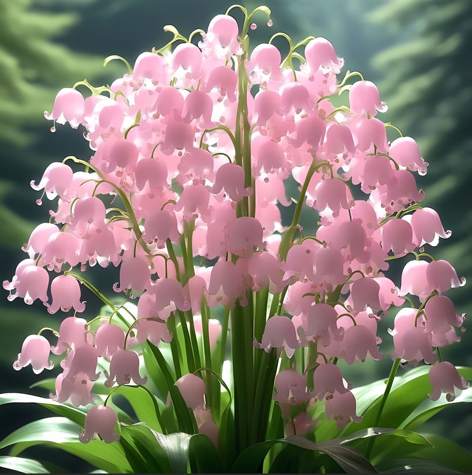 Lily of the Valley plant with delicate pink bell-shaped flowers in a green garden