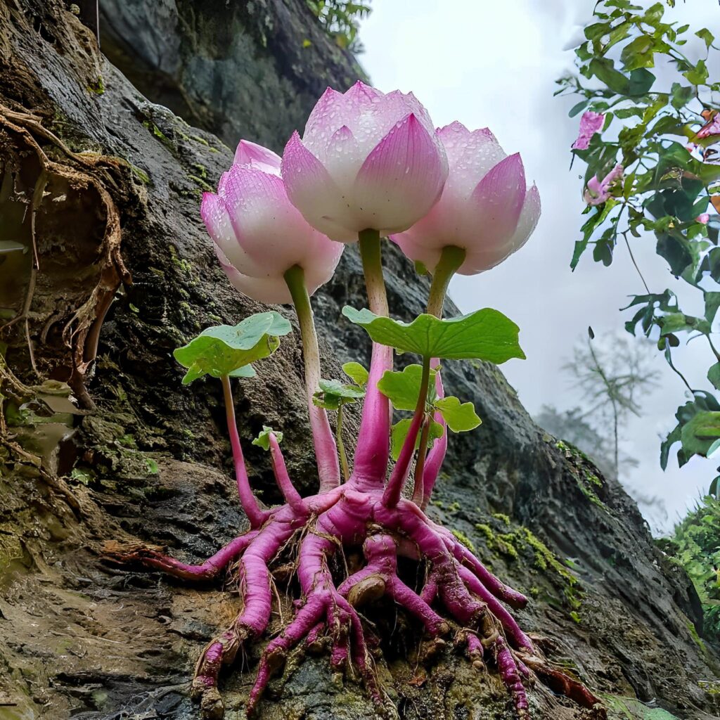 Pink Root Lotus growing from rocky terrain with vibrant pink roots and delicate lotus flowers