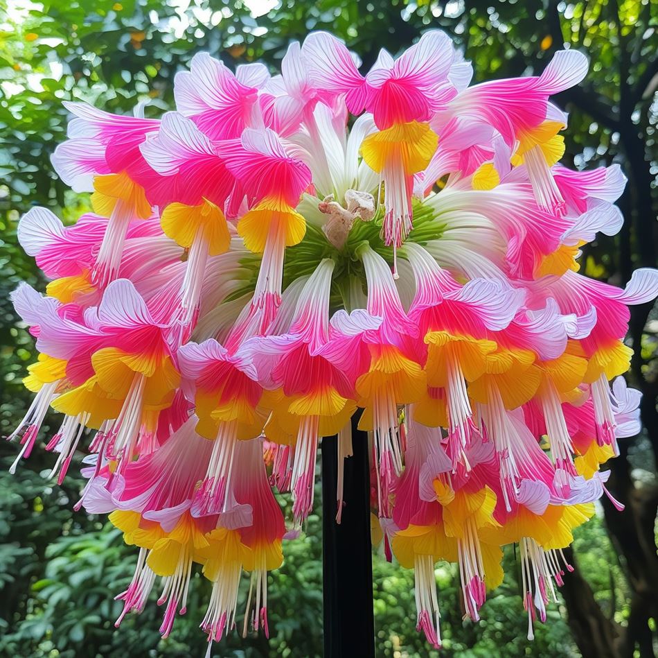 Close-up of a vibrant pink, yellow, and white Hanging Lobelia flower with cascading petals in a garden setting