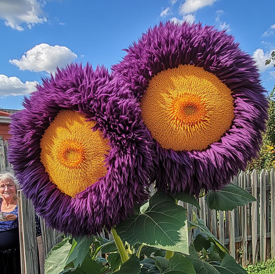 Close-up of two large purple Giant Teddy Bear Sunflowers with bright yellow centers in a sunny garden, with an elderly woman in the background