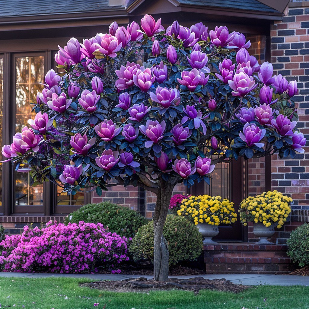 Beautiful Purple Magnolia Tree 'Twilight Charm' with vibrant purple blossoms in front of a house.