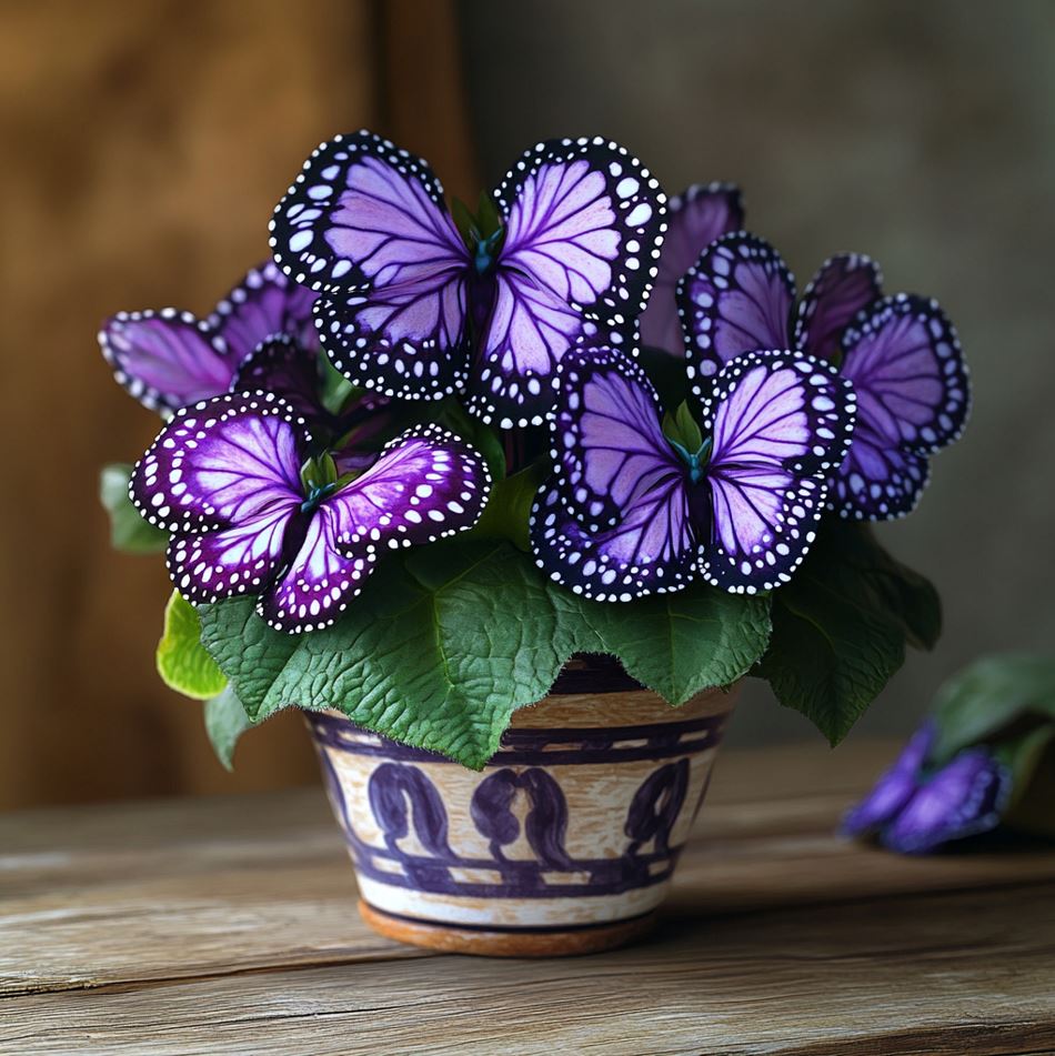 Purple Moonlight Butterfly Begonia with white spots in a decorative pot.