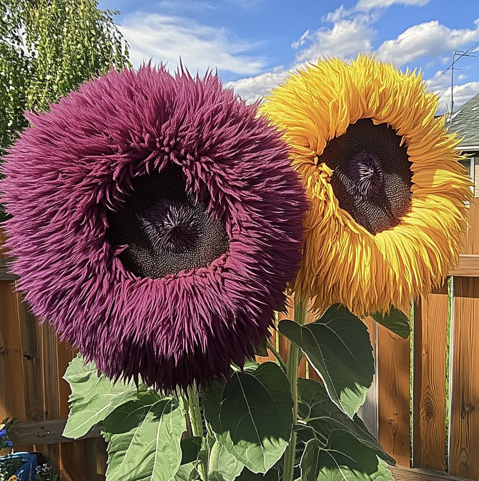 Close-up of two Giant Teddy Bear Sunflowers, one purple and one yellow, with fluffy, soft-looking petals in a sunny garden