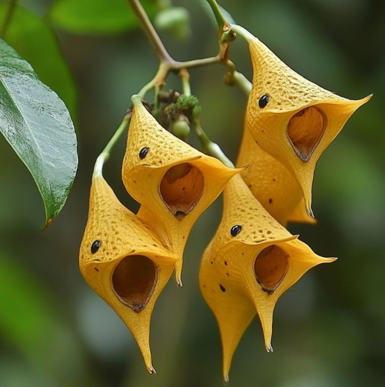 Four Yellow Bird Orchids hanging from a branch, resembling small birds with open mouths.