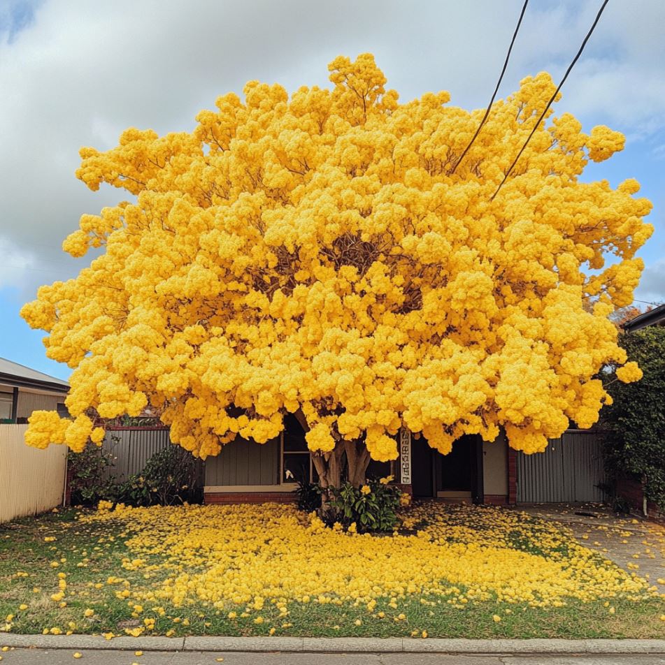 Yellow Flowering Tree in Full Bloom with Fallen Petals on Lawn