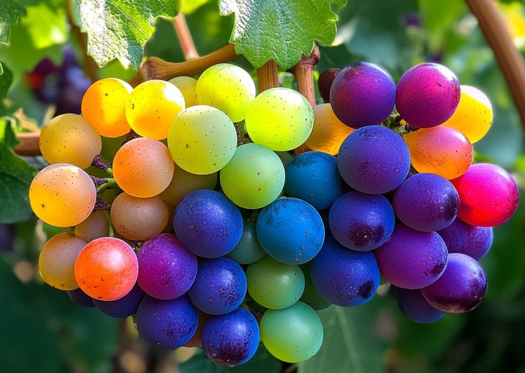 Rainbow-colored grapes growing on a vine