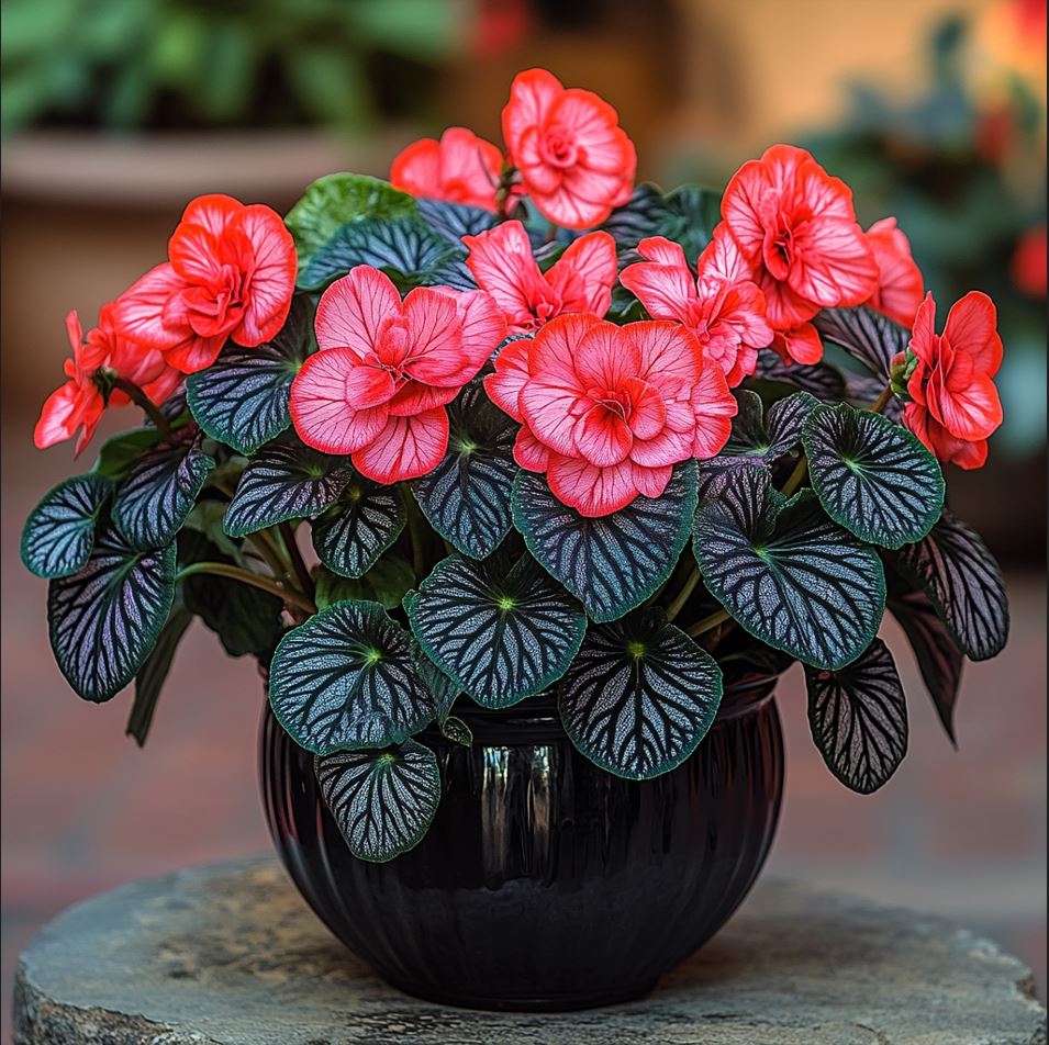 Red Neon Begonia in a Black Pot with Vibrant Red Flowers and Dark Veined Leaves